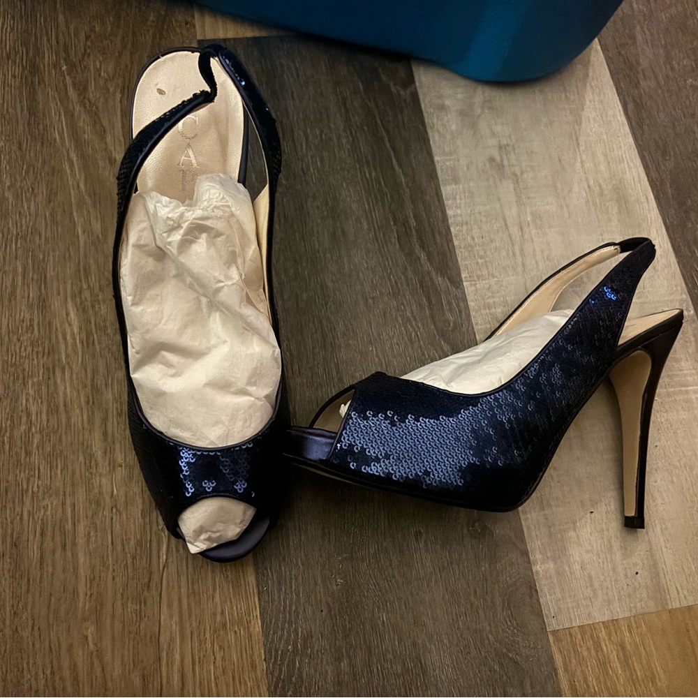 Elegant Black Sequin Peep-Toe Heels